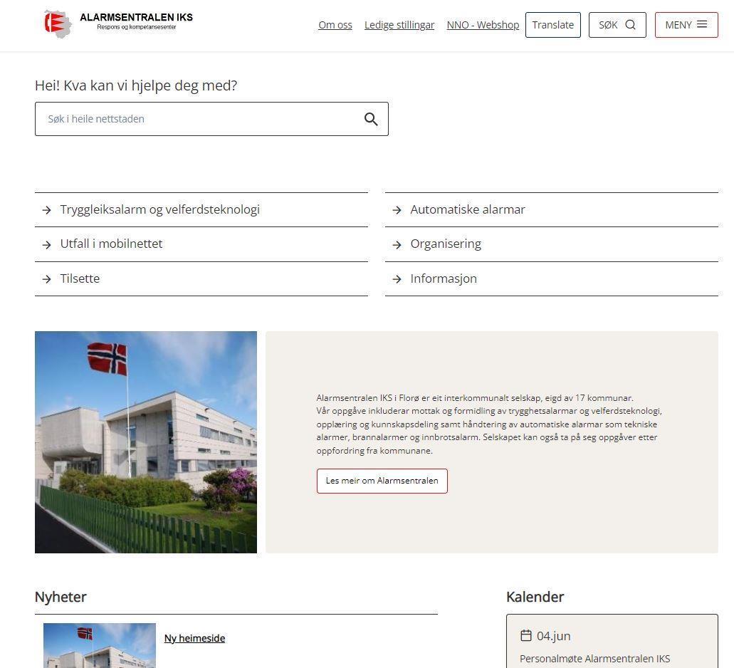 Bilde av heimesida til alarmsentralen - Klikk for stort bilete